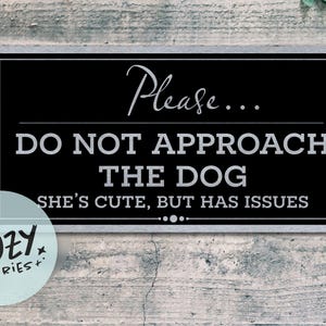 Könnte beinhalten: Schwarzes rechteckiges Schild mit silbernem Rand und weißem Text: "Please... DO NOT APPROACH THE DOG SHE'S CUTE, BUT HAS ISSUES". Das Schild hat auch ein kleines rundes Logo "LITTLE COZY STORIES+".
