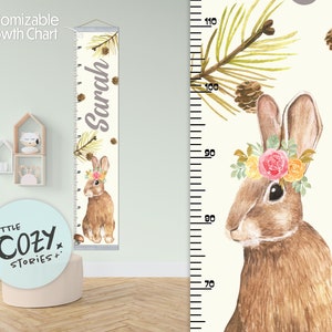 Aangepaste groeimeter met konijnenthema | Bosgroeigrafiek | Canvasgroeimeter | Onderliggende liniaal | Kwekerijteken | Kunst aan de muur | Kinderkamerinrichting