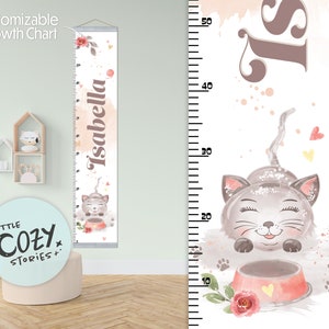 Aangepaste groeigrafiek met kattenthema | Leuke kattengroeimeter | Canvasgroeimeter | Onderliggende liniaal | Kwekerijteken | Kunst aan de muur | Kinderkamerinrichting