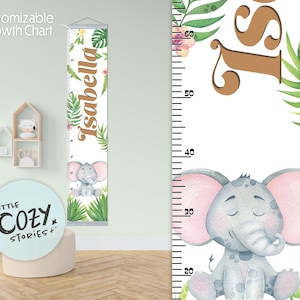 Aangepaste groeimeter met olifantenthema | Jungle-groeigrafiek | Canvasgroeimeter | Onderliggende liniaal | Kwekerijteken | Kunst aan de muur | Kinderkamerinrichting