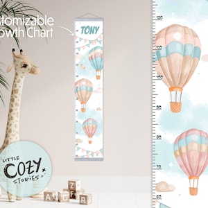Benutzerdefinierte Wachstumstabelle für den Heißluftballon in Aquarellfarben |  Heißluftballon-Wachstumstabelle | Canvas Wachstumstabelle | Kind Lineal Kinderzimmer Wandkunst