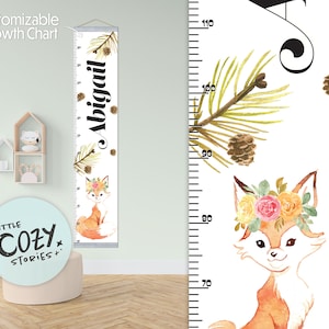 Aangepaste groeigrafiek met Fox-thema | Bosgroeigrafiek | Canvasgroeimeter | Onderliggende liniaal | Kwekerijteken | Kunst aan de muur | Kinderkamerinrichting