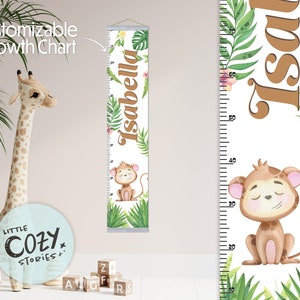 Aangepaste groeimeter met aap-thema | Jungle-groeigrafiek | Bannergroeimeter | Onderliggende liniaal | Kwekerijteken | Kunst aan de muur | Kinderkamerinrichting