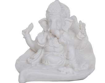 4" Leaf Ganesh Ganesha Statue Idol Sculpture Figurine Handmade Of White Poly Marble Religious Gift Home Temple Office Decor TRUSTED SELLER