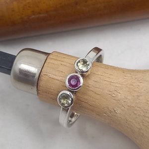 Handmade silver three stone ring. Ruby and citrine.  Modern and simple design
