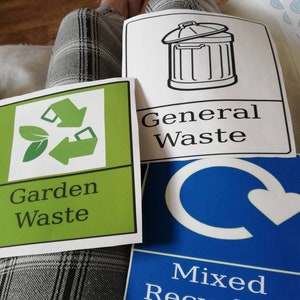 May include: A collection of waste and recycling signs. The signs include labels for "General Waste", "Garden Waste", and "Mixed Recycling". The signs are white, green, and blue with black and white graphics and text.