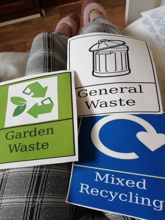 Bin stickers, 15 by 15cm waterproof. General waste, recycling, card and paper, food recycling and garden waste