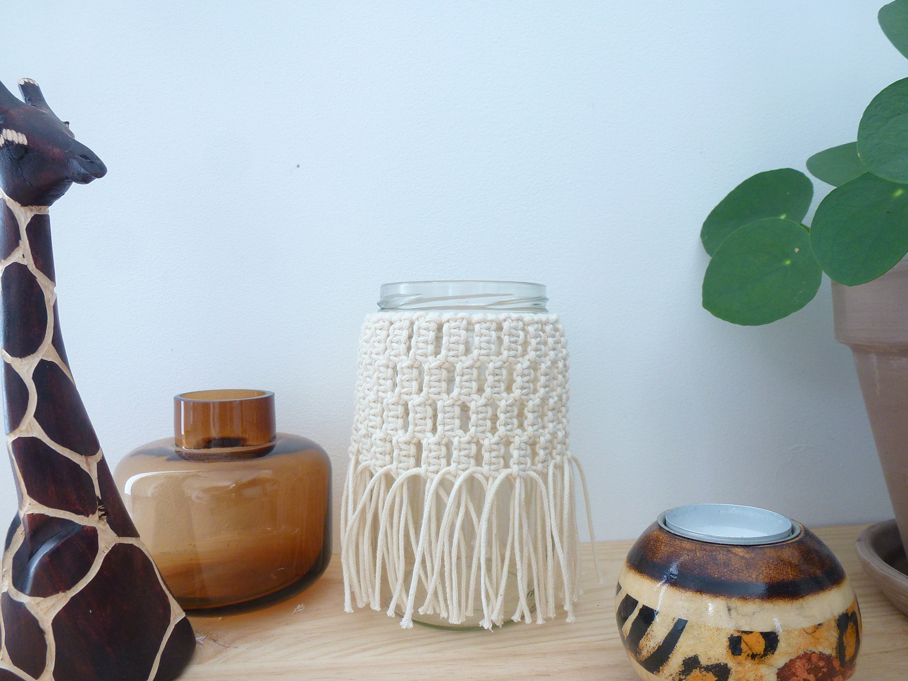 Photophore en Macramé- Vase - Pot Lorea Verre Recyclé et Coton Naturel