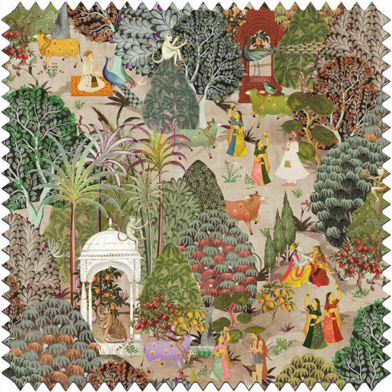 Indian Forest Fabric, Vintage Mughal Fabric, Trees Fabric, Designer Fabric, Peacock | Tiger Upholstery | Waterproof | Organic | Eco Fabric