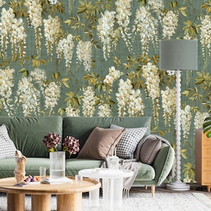 Carta da parati murale glicine, carta da parati stacca e incolla e carta da parati tradizionale, carta da parati floreale Boho, murale per camera da letto di dimensioni personalizzate, arte della parete botanica