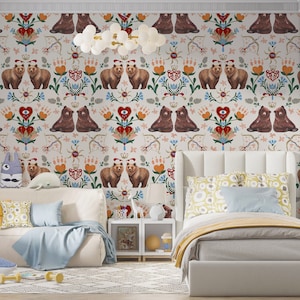 Bear Wallpaper, Peel & Stick and Traditional Wallpaper, Children's Room Mural, Removable Kids Wallpaper, Cute Wallpaper, Designer Wallpaper