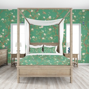 Modern Chinoiserie Wallpaper, Peel & Stick and Traditional Wallpaper,  Bird Wallpaper, Floral, Oriental, Removable, Designer Wallpaper
