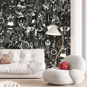 Mural de papel de parede de tarô, papel de parede removível e tradicional, papel de parede místico, papel de parede monocromático, papel de parede vintage