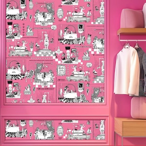 May include: Pink bathroom wallpaper with a black and white repeating pattern of people taking baths, showers, and relaxing in a spa. The text on the wallpaper reads "Always Need Spa" and "Wash, Dry, Go!"