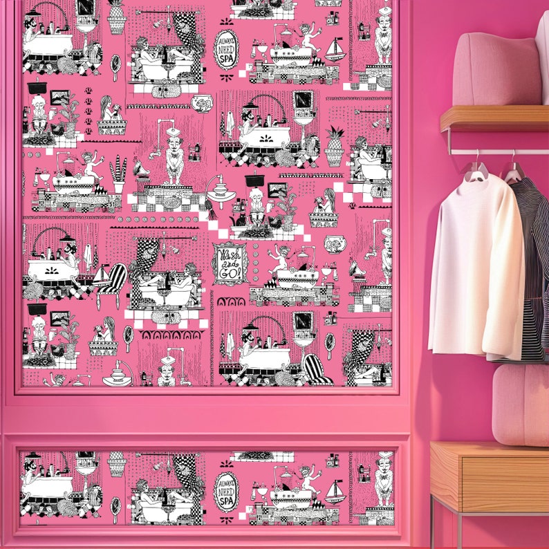 May include: Pink bathroom wallpaper with a black and white repeating pattern of people taking baths, showers, and relaxing in a spa. The text on the wallpaper reads "Always Need Spa" and "Wash, Dry, Go!"