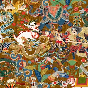 May include: A colorful and intricate illustration featuring a blue elephant, a golden dragon, a warrior with a sword, and various other mythical creatures. The background is a rich gold color with intricate patterns.