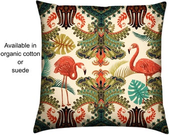 Housse de coussin Flamingo, Coussin en coton biologique, Oreiller en faux daim, Oreiller à imprimé tropical, Jeté décoratif, Empreinte feuilles de palmier, Oreiller en coton