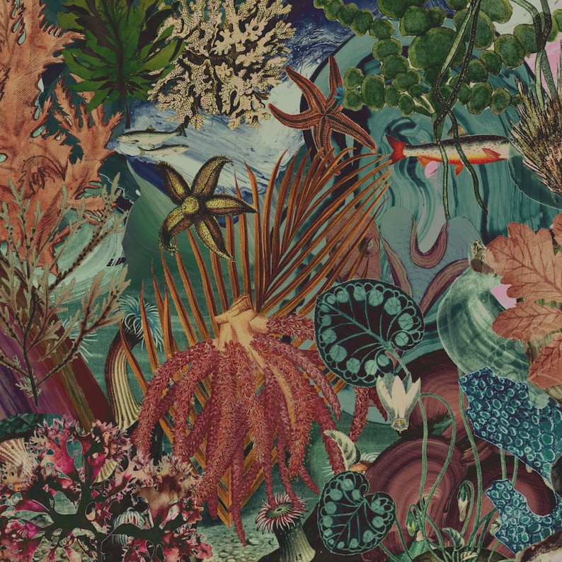 May include: A detailed illustration of an underwater scene, featuring starfish, fish, and coral. The colour palette includes teal, brown, red, and gold. The artwork creates a rich and immersive visual experience, reminiscent of a coral reef. The image is full of detail.