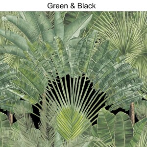 May include: A watercolour illustration of tropical leaves in shades of green against a black background. The leaves are arranged in a layered pattern, creating a sense of depth and texture.
