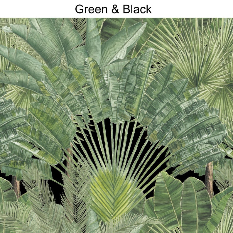 May include: A watercolour illustration of tropical leaves in shades of green against a black background. The leaves are arranged in a layered pattern, creating a sense of depth and texture.