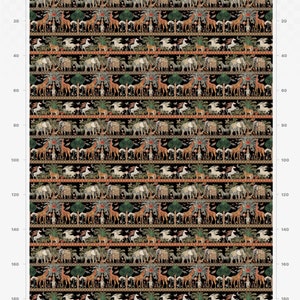 May include: A repeating pattern of black, white, orange, and green animals and plants. The pattern includes elephants, giraffes, zebras, and palm trees. The pattern is on a black background.