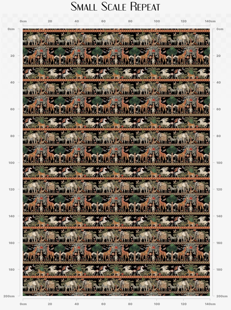 May include: A repeating pattern of black, white, orange, and green animals and plants. The pattern includes elephants, giraffes, zebras, and palm trees. The pattern is on a black background.