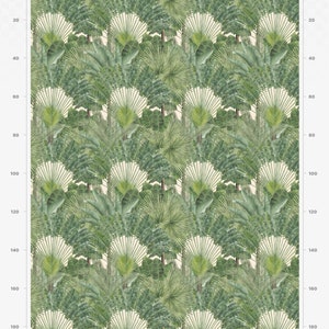 May include: A seamless pattern featuring a repeating design of green tropical leaves and plants on a light beige background. The pattern is 140 cm wide and 200 cm high.