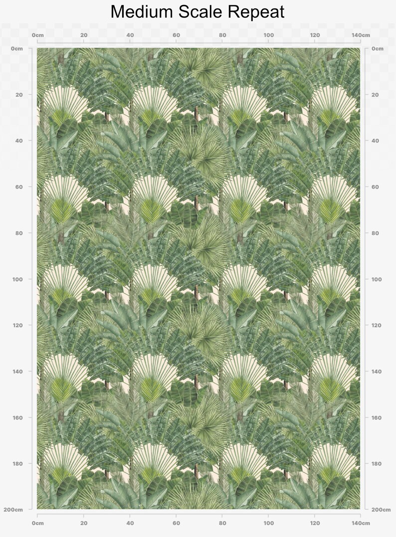 May include: A seamless pattern featuring a repeating design of green tropical leaves and plants on a light beige background. The pattern is 140 cm wide and 200 cm high.