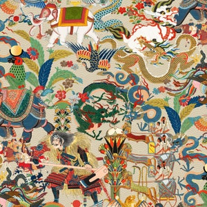 May include: A colorful and intricate illustration featuring a variety of mythical creatures, including dragons, elephants, and peacocks. The artwork is set against a background of lush foliage and flowers, creating a vibrant and fantastical scene.