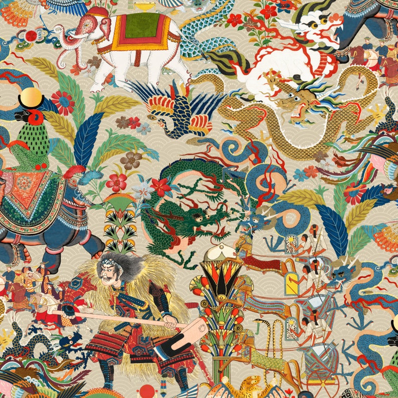 May include: A colorful and intricate illustration featuring a variety of mythical creatures, including dragons, elephants, and peacocks. The artwork is set against a background of lush foliage and flowers, creating a vibrant and fantastical scene.