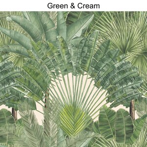May include: A seamless pattern featuring a tropical jungle scene with lush green palm leaves and a cream background. The leaves are drawn in a watercolour style, creating a realistic and vibrant design.