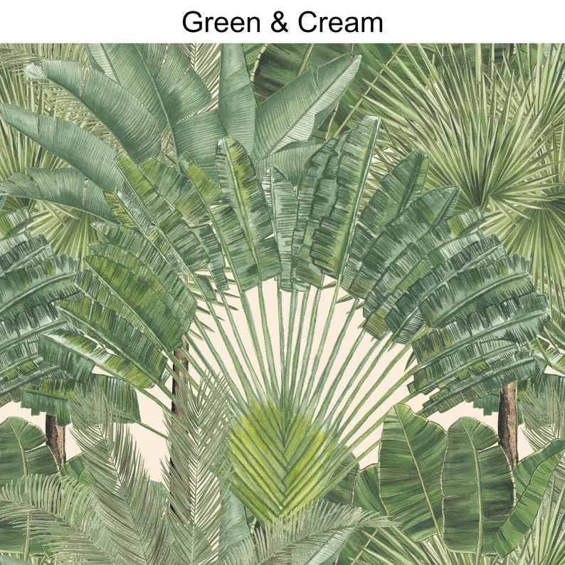 May include: A seamless pattern featuring a tropical jungle scene with lush green palm leaves and a cream background. The leaves are drawn in a watercolour style, creating a realistic and vibrant design.