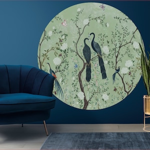 Pfau Chinoiserie Tapete Kreis, orientalische Blumen Tapete, Vogel Tapete, Peel & Stick Wallpaper, abnehmbare Tapete