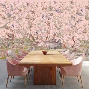 Chinoiserie Mural, Crane Wallpaper, Oriental Wallpaper, Designer Wallpaper, Peacock Wallpaper, Wide Mural, Birds, Flowers, Pagodas