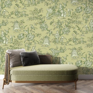 Imperial Dynasty Chinoiserie Wallpaper, Oriental Toile Wallpaper, Peel & Stick Wallpaper, Vintage Chinese Wallpaper, Designer Wallpaper