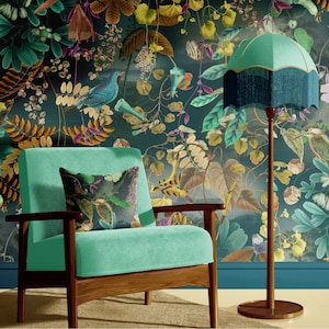 Kingfisher Kingdom Wallpaper, Peel & Stick und Traditionelle Tapete, Botanisches Tapetenwandbild, Designer-Tapete, Waldtapete