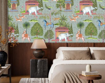 Indian Elephant Wallpaper Mural: Royal Courtyard Peel & Stick or Traditional Wallpaper, Jungle, Peacock, Tiger, Trees, Horse, Bedroom Mural