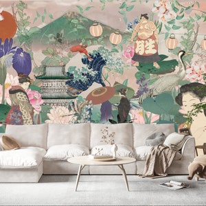Japanese Mural, Peel & Stick and Traditional Wallpaper, Collage Mural, Oriental Mural, Vintage Mural, Geisha Mural, Designer Wallpaper