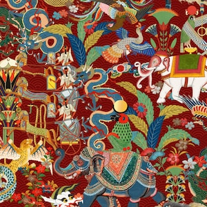 May include: A colorful, intricate illustration featuring a blue dragon, two elephants, and a variety of floral and animal motifs. The background is a deep red with gold accents.
