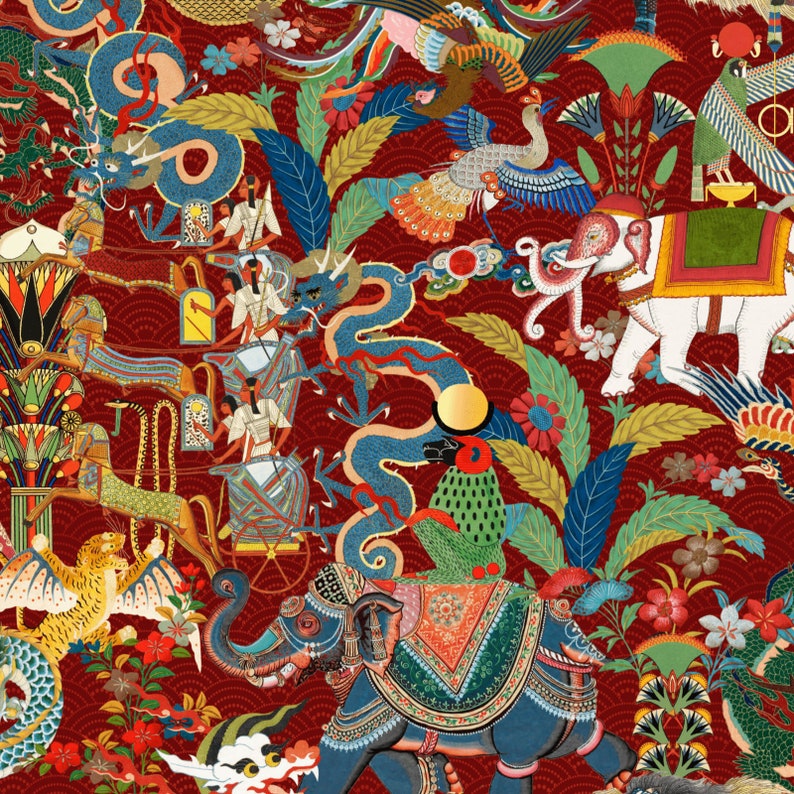 May include: A colorful, intricate illustration featuring a blue dragon, two elephants, and a variety of floral and animal motifs. The background is a deep red with gold accents.