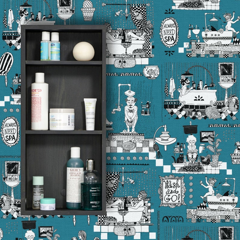 May include: A black bathroom cabinet with shelves filled with various toiletries, including bottles of shampoo, conditioner, and body wash. The cabinet is mounted on a teal blue wall with a black and white patterned wallpaper featuring a recurring motif of people taking baths and showering. The wallpaper also includes the text "Always Need Spa" and "Wash and Go!"
