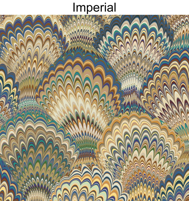 K&ouml;nnte beinhalten: Abstraktes Muster mit wirbelnden, sich &uuml;berlappenden, konzentrischen Kreisen in Blaut&ouml;nen, Gr&uuml;n, Braun und Beige.