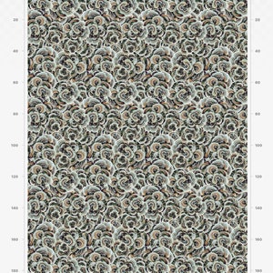 May include: A seamless pattern featuring a repeating design of small, multi-colored, organic shapes resembling mushrooms. The pattern is set against a light green background.