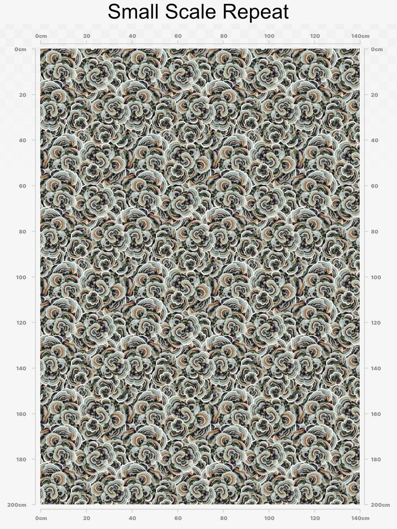 May include: A seamless pattern featuring a repeating design of small, multi-colored, organic shapes resembling mushrooms. The pattern is set against a light green background.