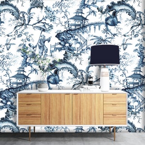 Orient Chinoiserie Tapete, Peel & Stick und Traditionelle Tapete, Vintage Tapete, Blaue und Weiße Tapete, Designer Tapete