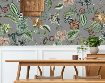 May include: A dining room scene featuring a wooden table and chairs, a woven pendant light, and a gray floral wallpaper. The wallpaper showcases detailed botanical illustrations in shades of green, brown, and cream, creating a natural, elegant aesthetic.