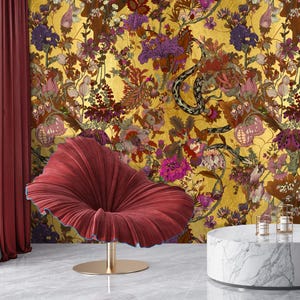 Botanical Wallpaper, Peel & Stick Wallpaper and Traditional Wallpaper, Dark Floral | Gold Wallpaper, Removable Designer Wallpaper