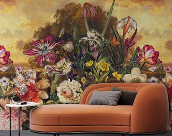 Vintage Floral Mural: Romantic Scenic Peel & Stick Wallpaper, Peony, Orchid, Rose Wallpaper, Romantic, Bedroom, Designer Wallpaper