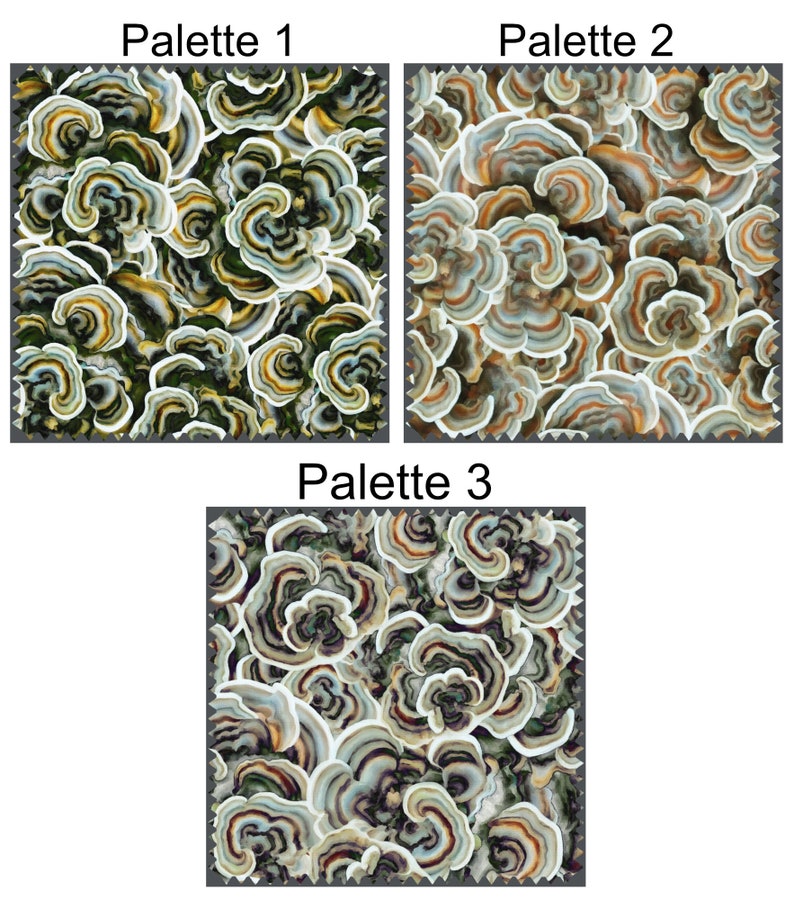 May include: Three different color palettes of a mushroom pattern. The pattern is a close-up of a cluster of mushrooms with a white, gray, and brown color scheme. The first palette has a green background, the second palette has a light brown background, and the third palette has a dark gray background.