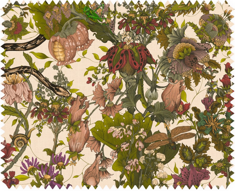 Elysian Botanical Fabric, Designer Fabric, Velvet Fabric | Material, Organic | Waterproof Canvas Fabric, Floral | Snake | Moth Fabric image 2